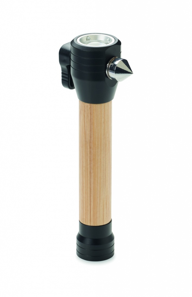 Logo trade promotional merchandise picture of: 3-in-1 bamboo flashlight with an emergency hammer and seatbelt cutter