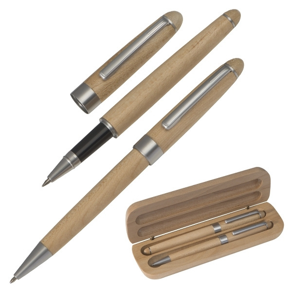 Logo trade promotional item photo of: Wooden writing set ballpen and roller INDIANAPOLIS