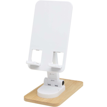 Logo trade business gifts image of: Alfirk recycled plastic foldeable desk phone stand with bamboo details