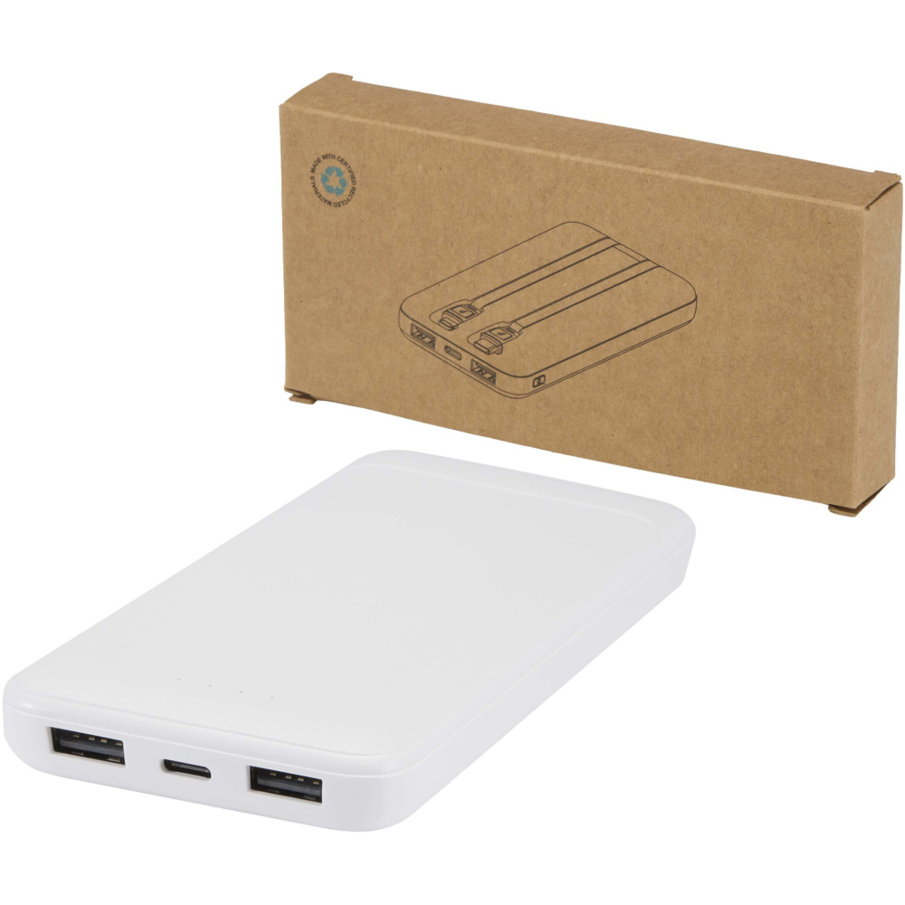 Logo trade promotional giveaways image of: Adhil 10.000 mAh 10W recycled plastic power bank with 2 built-in cables