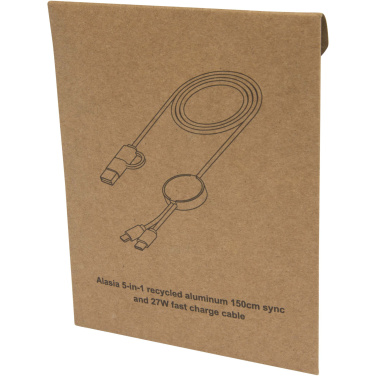 Logotrade mainostuote tuotekuva: Alasia kierrätysalumiininen ja -muovinen 150 cm:n ja 27 W:n datasynkronoiva 5-in-1-pikalatauskaapeli