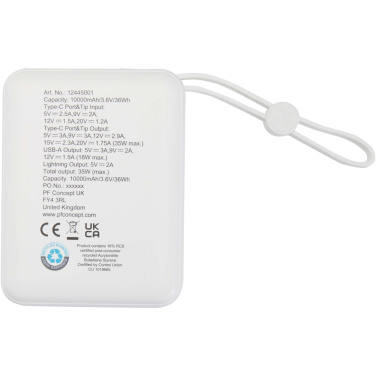 Logo trade liikelahjat mainoslahjat kuva: Acrux 10 000 mAh:n ja 35 W:n tablettivirtalähde, jossa sisäänrakennettu Type-C-kaapeli – valmistettu kierrätetystä muovista